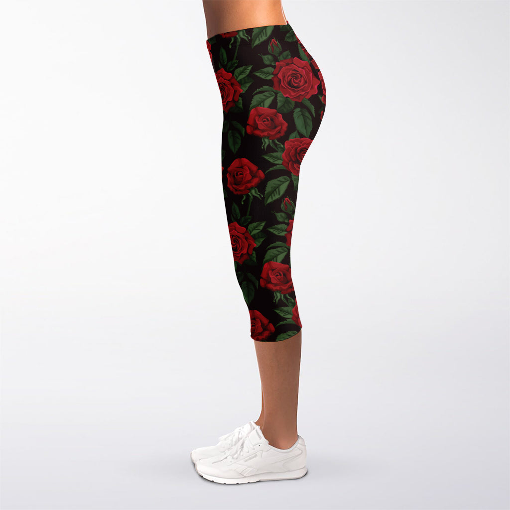 Valentine's Day Rose Pattern Print Women's Capri Leggings