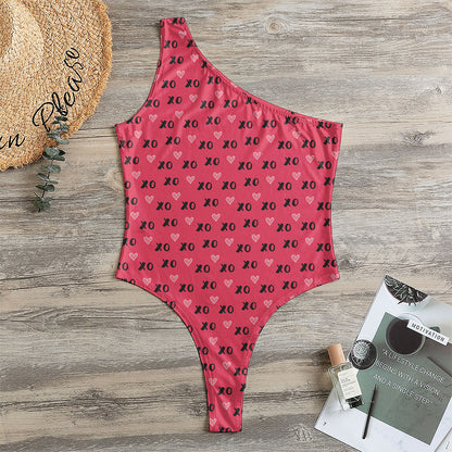 Valentine's Day XOXO Pattern Print One Shoulder Bodysuit