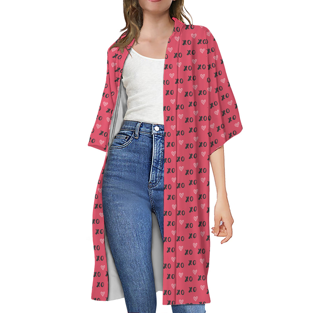 Valentine's Day XOXO Pattern Print Open Front Beach Cover Up