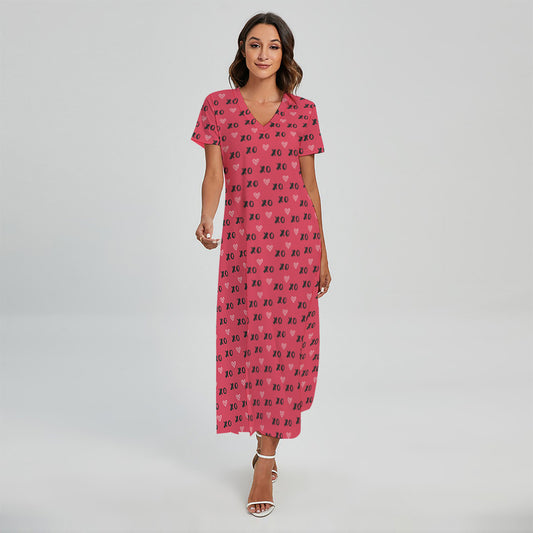 Valentine's Day XOXO Pattern Print Short Sleeve Maxi Dress
