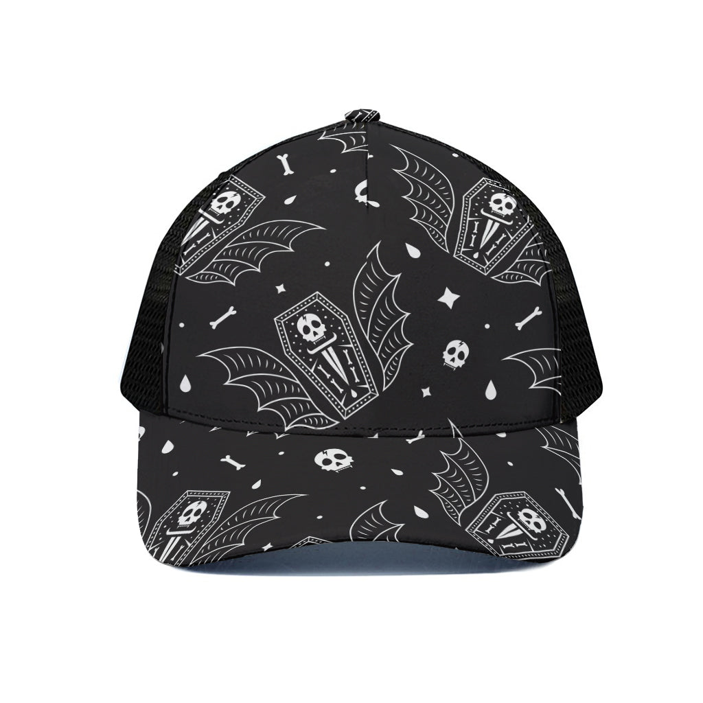 Vampire Coffin Pattern Print Black Mesh Trucker Cap