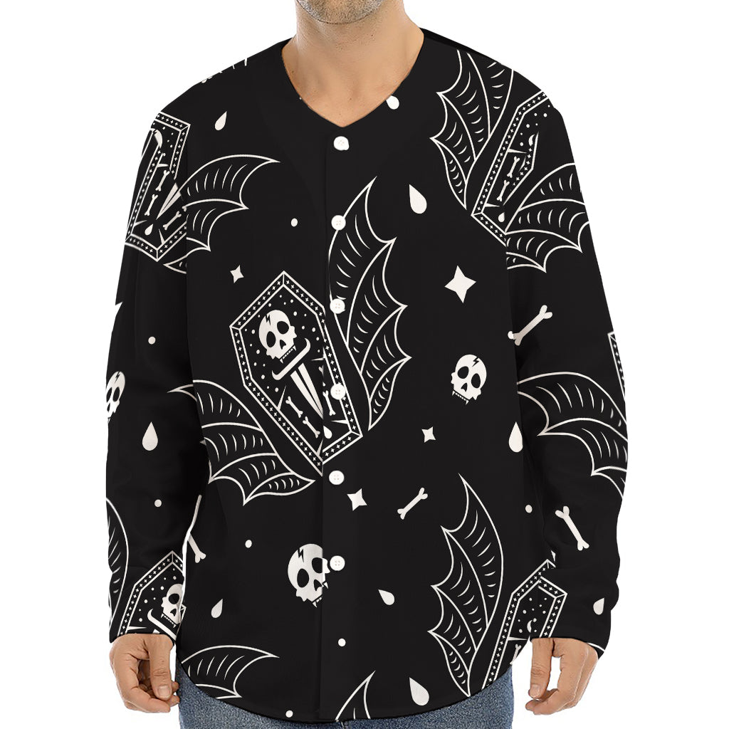 Vampire Coffin Pattern Print Long Sleeve Baseball Jersey