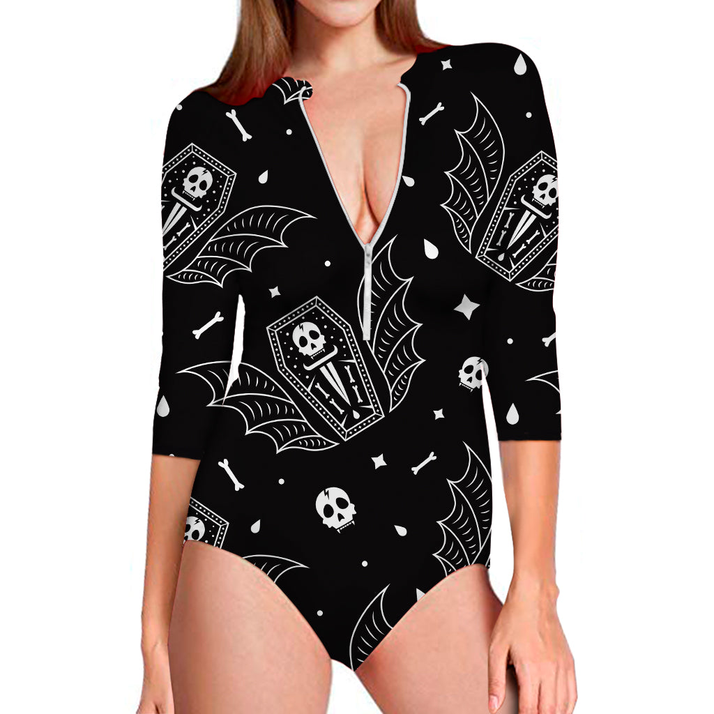 Vampire Coffin Pattern Print Long Sleeve Swimsuit