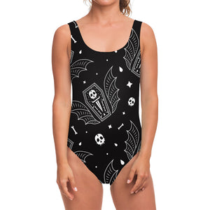 Vampire Coffin Pattern Print One Piece Swimsuit