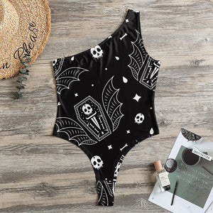 Vampire Coffin Pattern Print One Shoulder Bodysuit