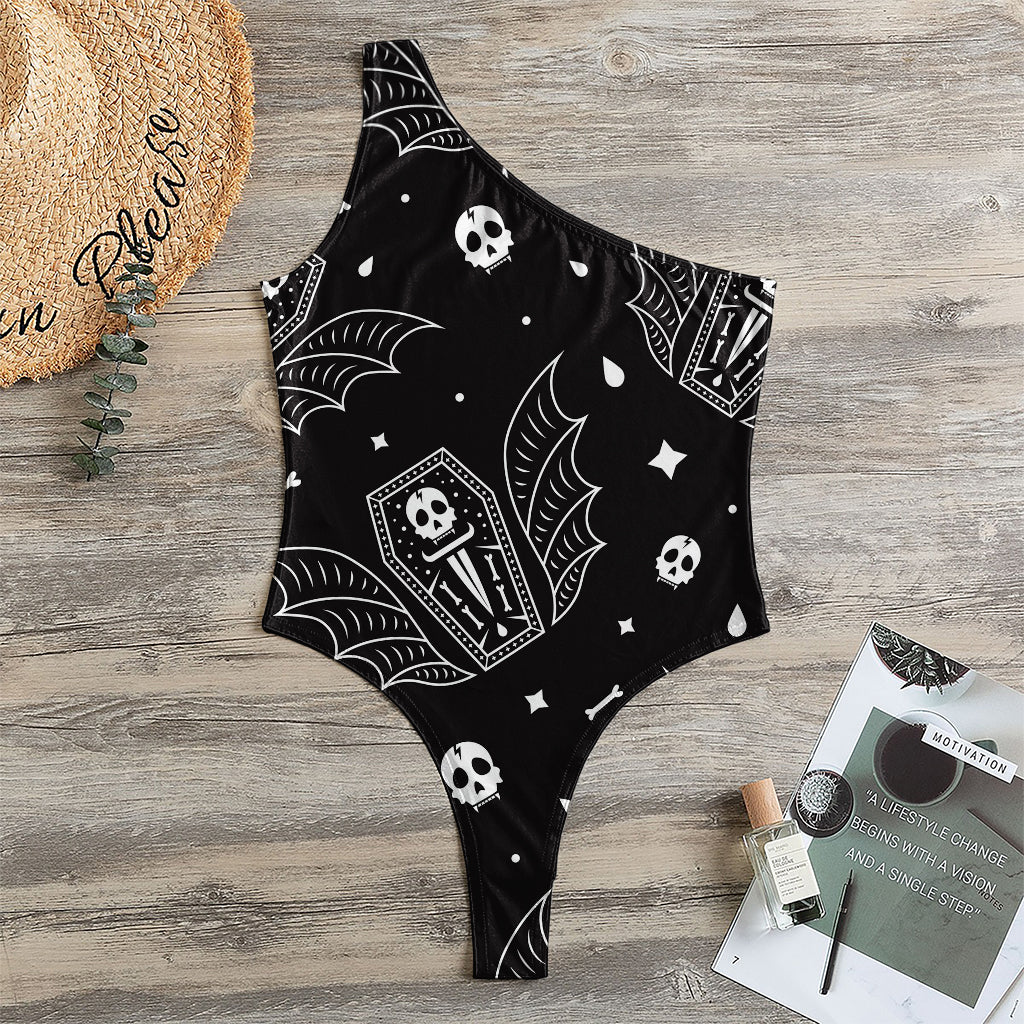 Vampire Coffin Pattern Print One Shoulder Bodysuit