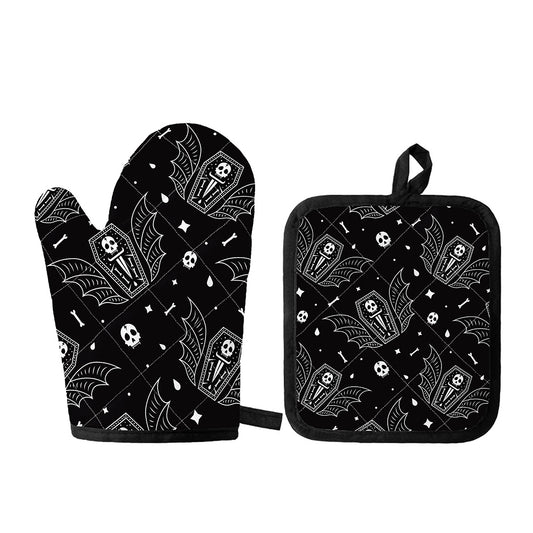 Vampire Coffin Pattern Print Oven Mitt And Pot Holder Set