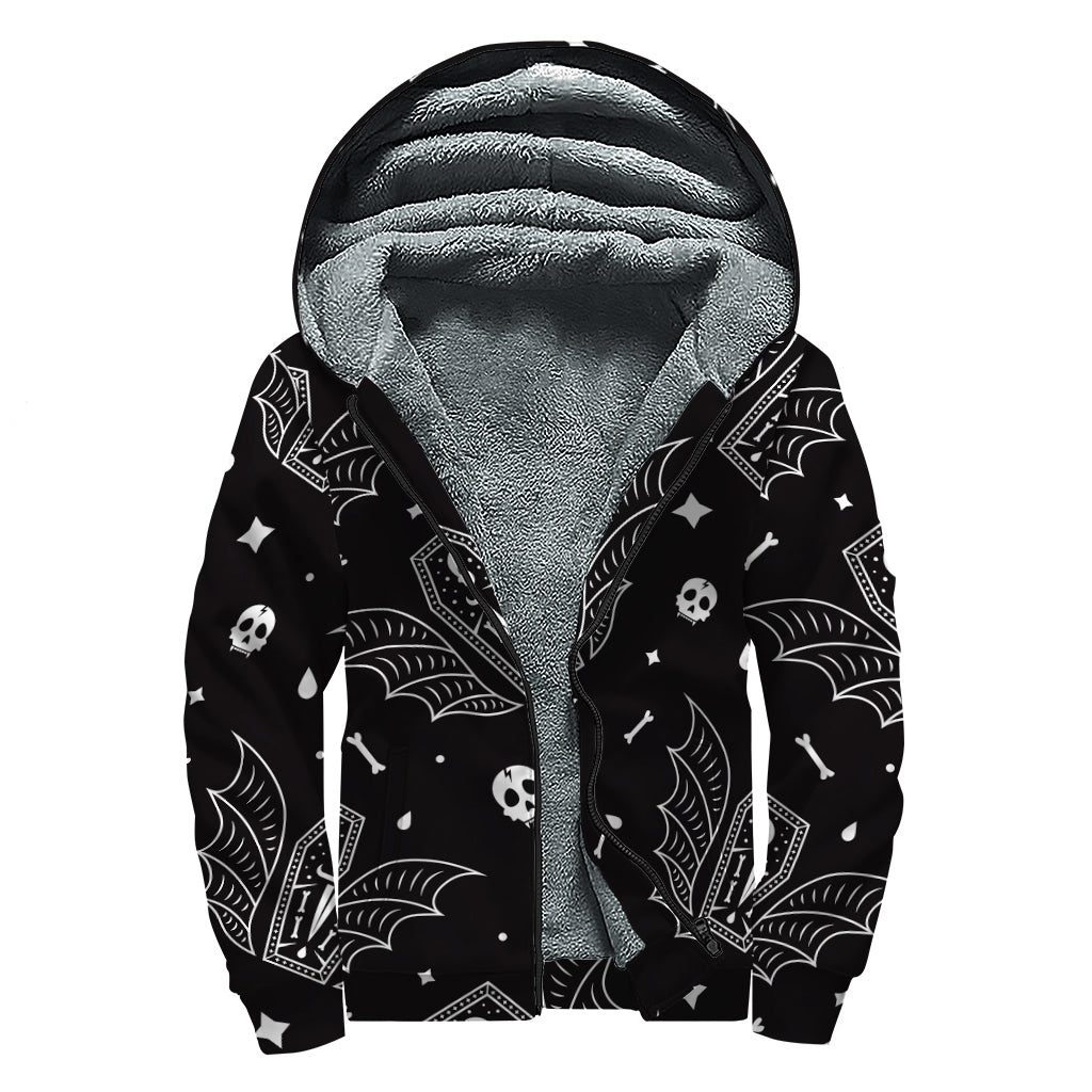 Vampire Coffin Pattern Print Sherpa Lined Zip Up Hoodie