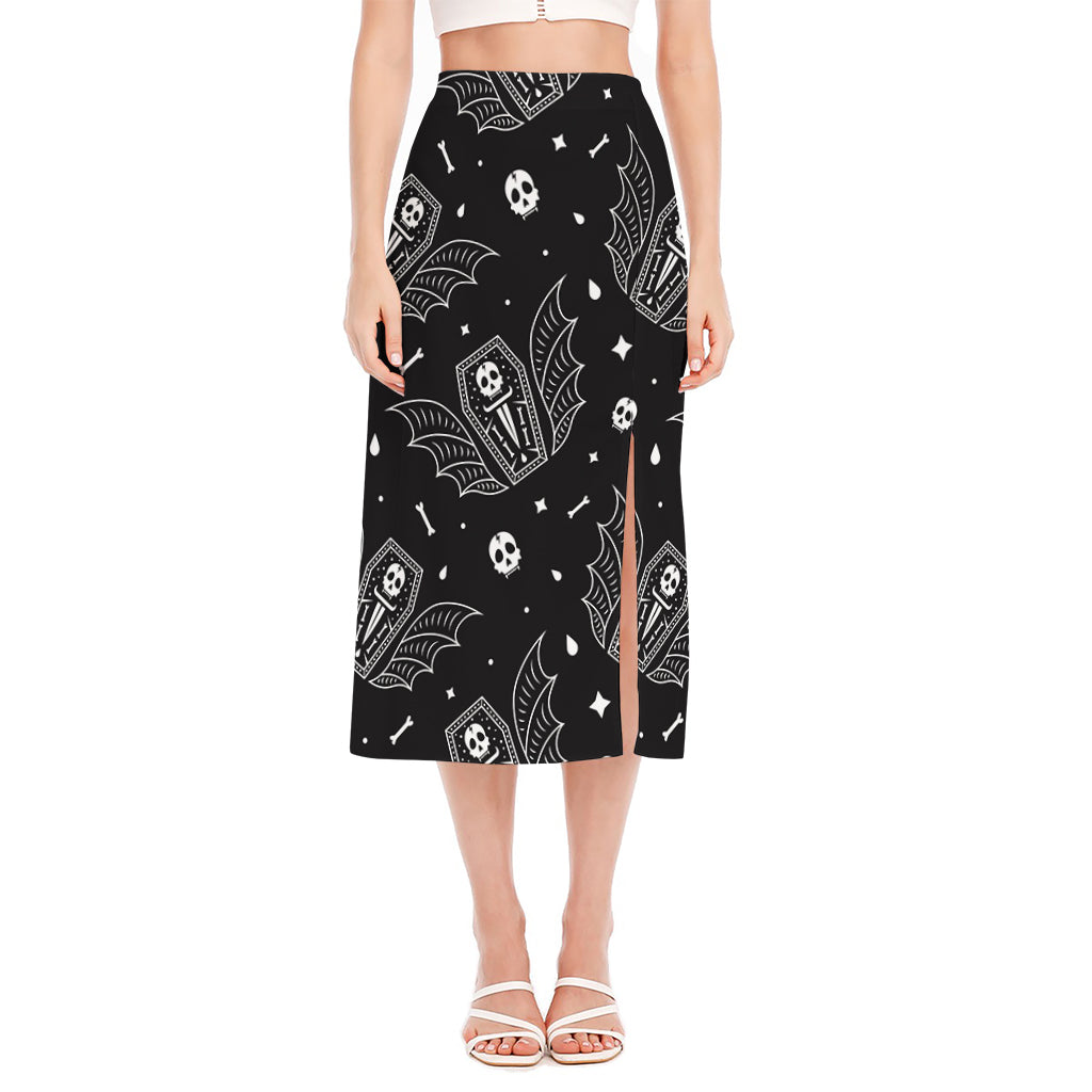 Vampire Coffin Pattern Print Side Slit Midi Skirt