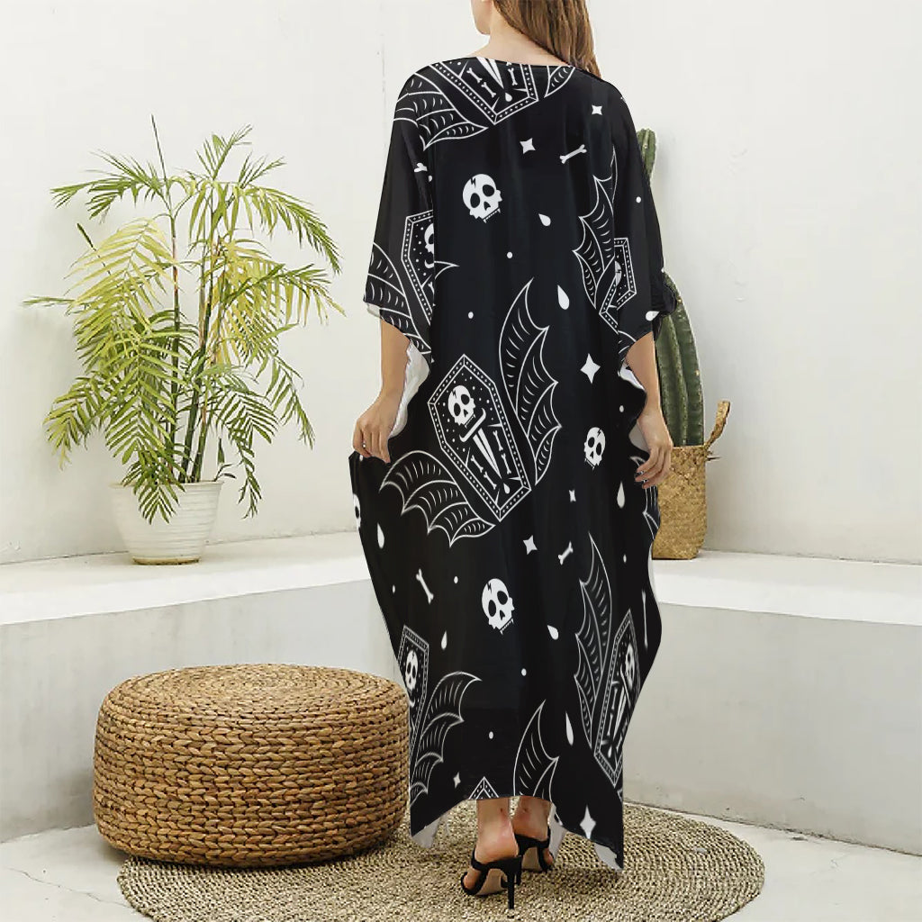 Vampire Coffin Pattern Print Silk V-Neck Kaftan Dress