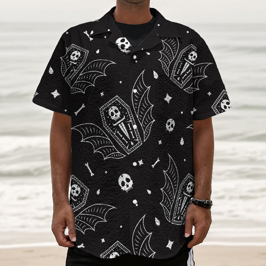 Vampire Coffin Pattern Print Textured Short Sleeve Shirt