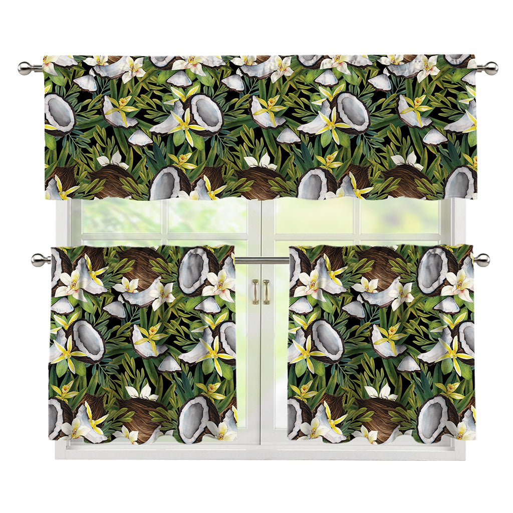 Vanilla Flower And Coconut Pattern Print 3 Piece Kitchen Curtains