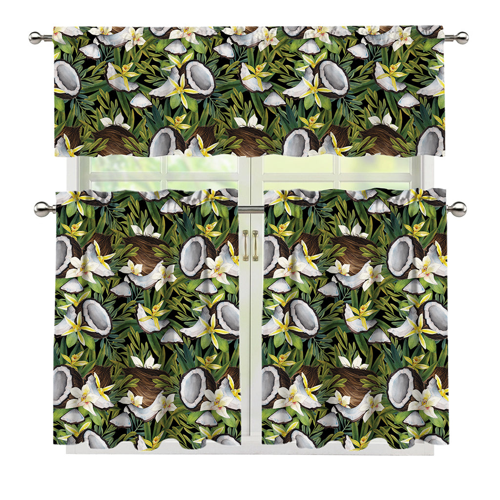 Vanilla Flower And Coconut Pattern Print 3 Piece Kitchen Curtains
