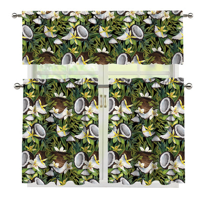 Vanilla Flower And Coconut Pattern Print 3 Piece Kitchen Curtains