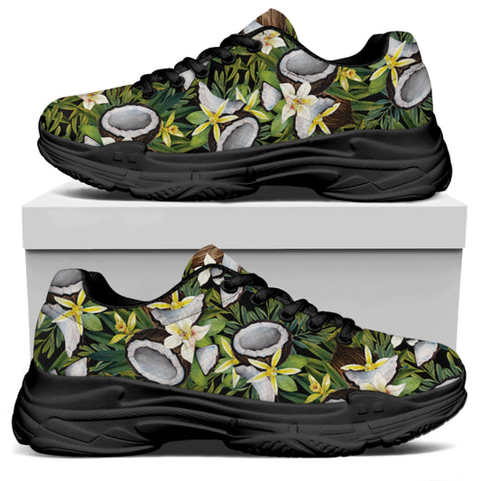 Vanilla Flower And Coconut Pattern Print Black Chunky Shoes
