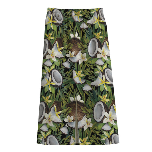 Vanilla Flower And Coconut Pattern Print Cotton Front Slit Maxi Skirt