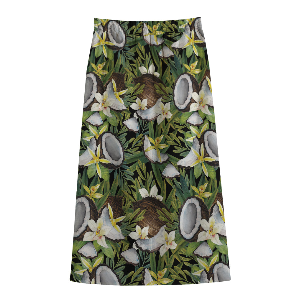 Vanilla Flower And Coconut Pattern Print Cotton Front Slit Maxi Skirt