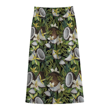 Vanilla Flower And Coconut Pattern Print Cotton Front Slit Maxi Skirt