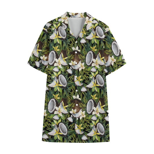 Vanilla Flower And Coconut Pattern Print Cotton Hawaiian Shirt