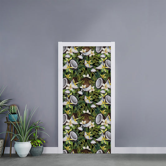 Vanilla Flower And Coconut Pattern Print Door Sticker