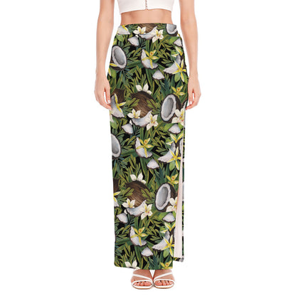 Vanilla Flower And Coconut Pattern Print High Slit Maxi Skirt