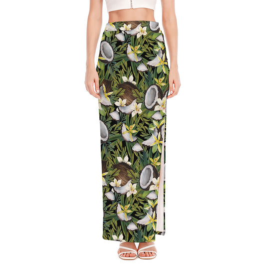 Vanilla Flower And Coconut Pattern Print High Slit Maxi Skirt