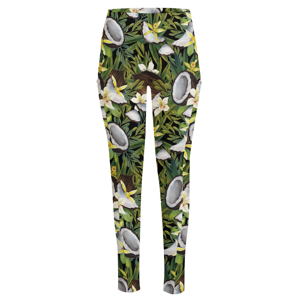 Vanilla Flower And Coconut Pattern Print High-Waisted Pocket Leggings