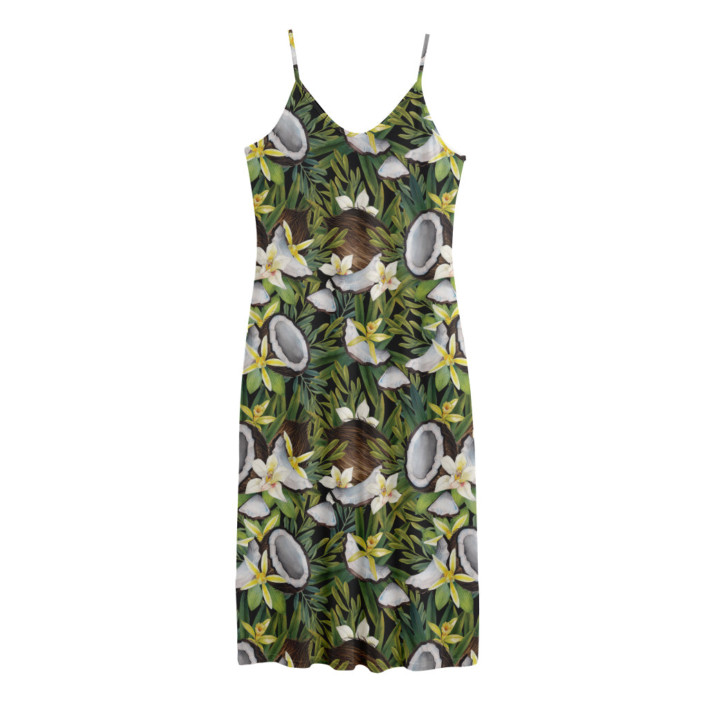 Vanilla Flower And Coconut Pattern Print Jersey Midi Cami Dress