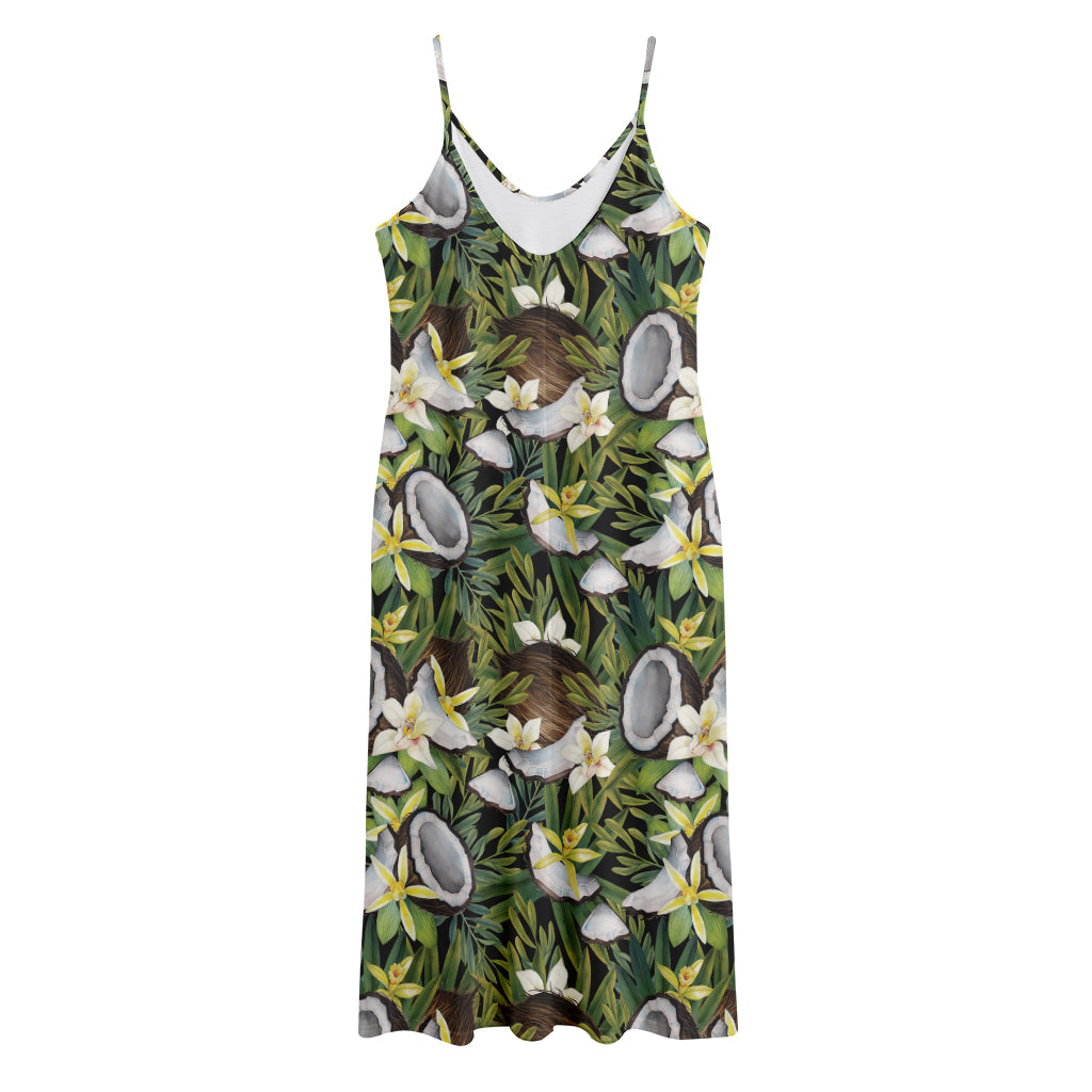 Vanilla Flower And Coconut Pattern Print Jersey Midi Cami Dress