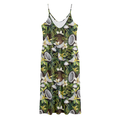 Vanilla Flower And Coconut Pattern Print Jersey Midi Cami Dress
