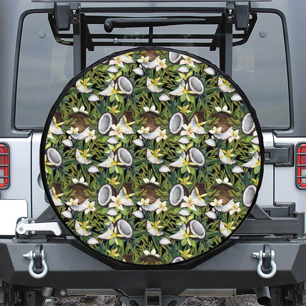 Vanilla Flower And Coconut Pattern Print Leather Spare Tire Cover