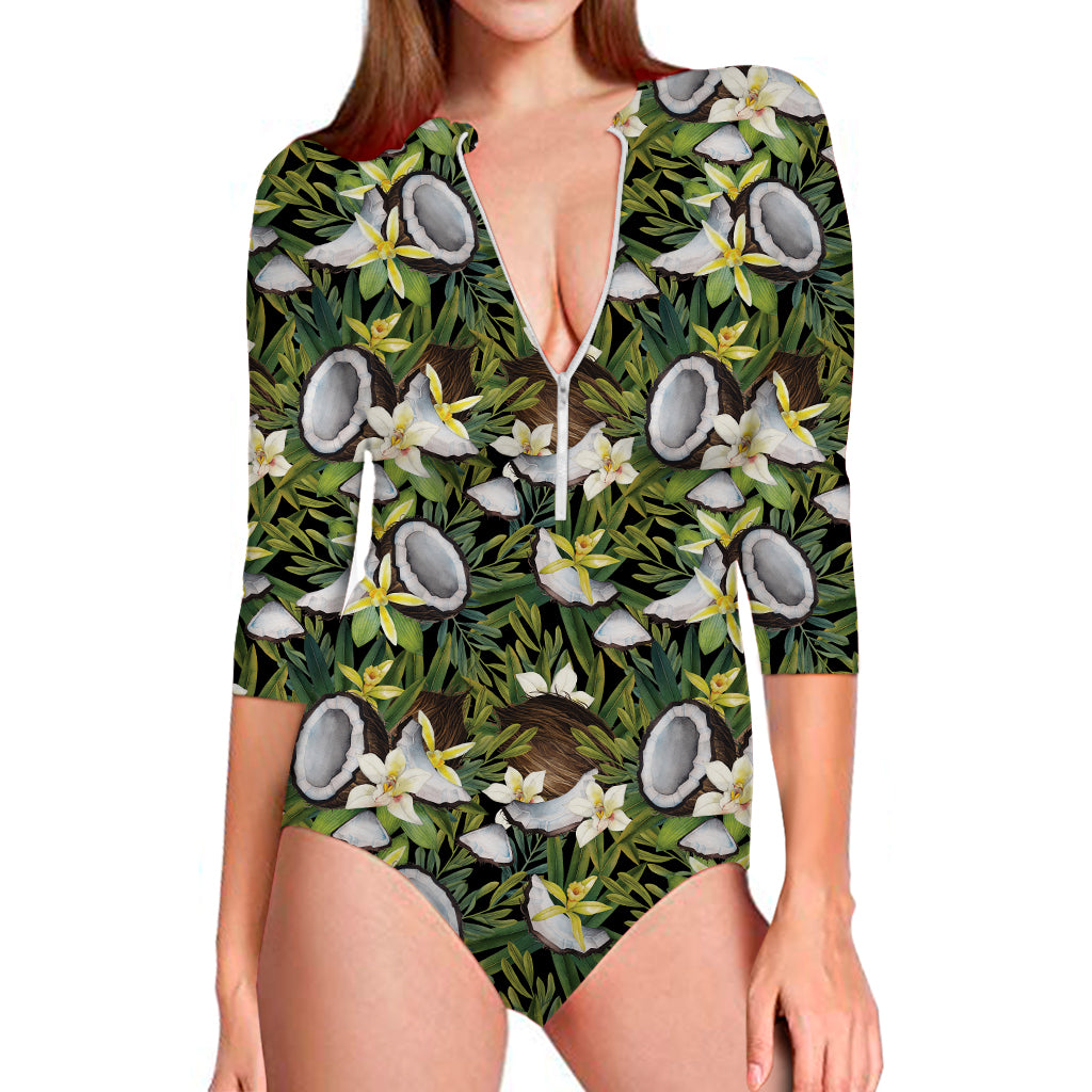 Vanilla Flower And Coconut Pattern Print Long Sleeve Swimsuit