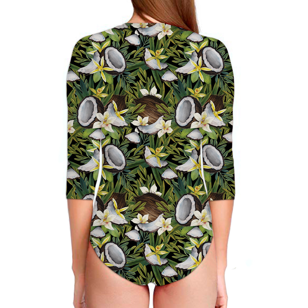 Vanilla Flower And Coconut Pattern Print Long Sleeve Swimsuit