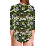 Vanilla Flower And Coconut Pattern Print Long Sleeve Swimsuit