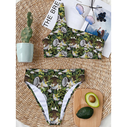 Vanilla Flower And Coconut Pattern Print One Shoulder Bikini Top