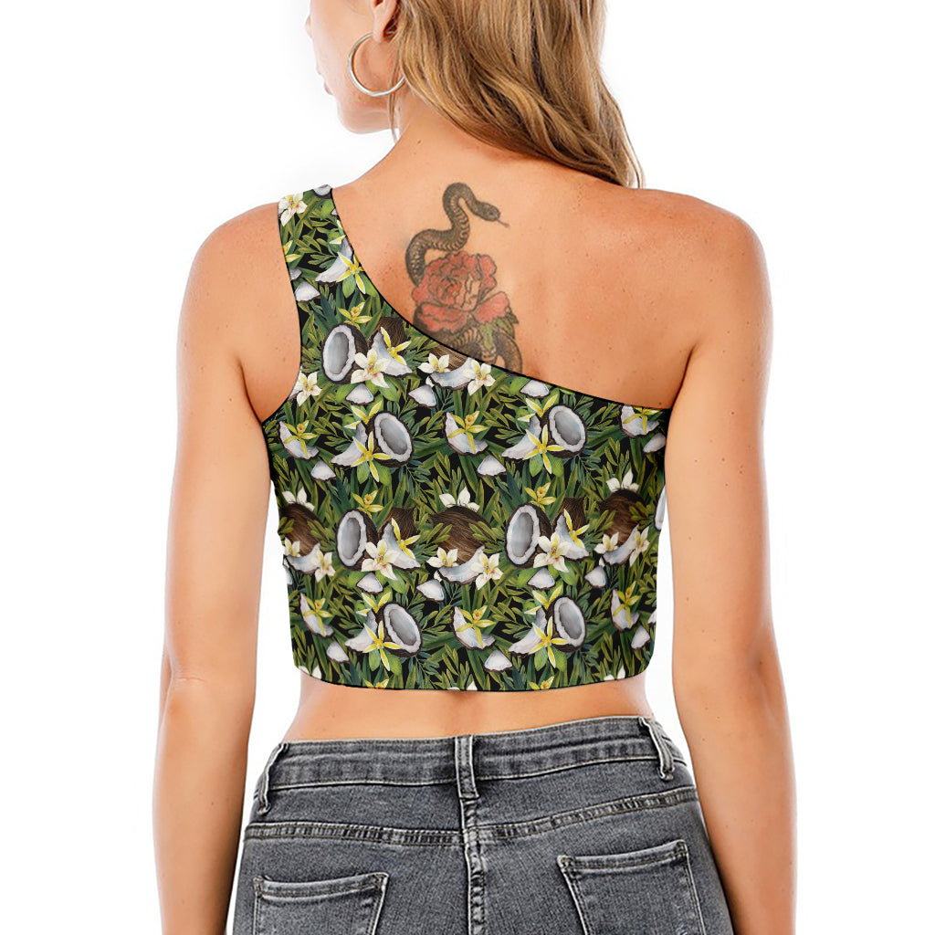 Vanilla Flower And Coconut Pattern Print One Shoulder Crop Top