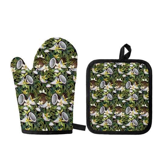 Vanilla Flower And Coconut Pattern Print Oven Mitt And Pot Holder Set