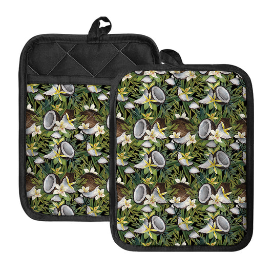 Vanilla Flower And Coconut Pattern Print Pot Holders With Pocket