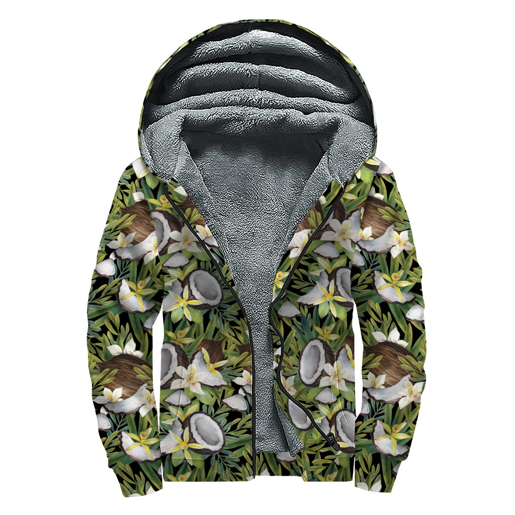 Vanilla Flower And Coconut Pattern Print Sherpa Lined Zip Up Hoodie