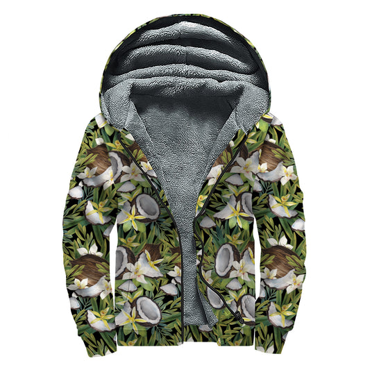 Vanilla Flower And Coconut Pattern Print Sherpa Lined Zip Up Hoodie