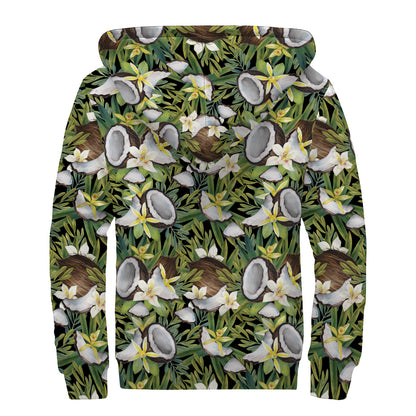 Vanilla Flower And Coconut Pattern Print Sherpa Lined Zip Up Hoodie