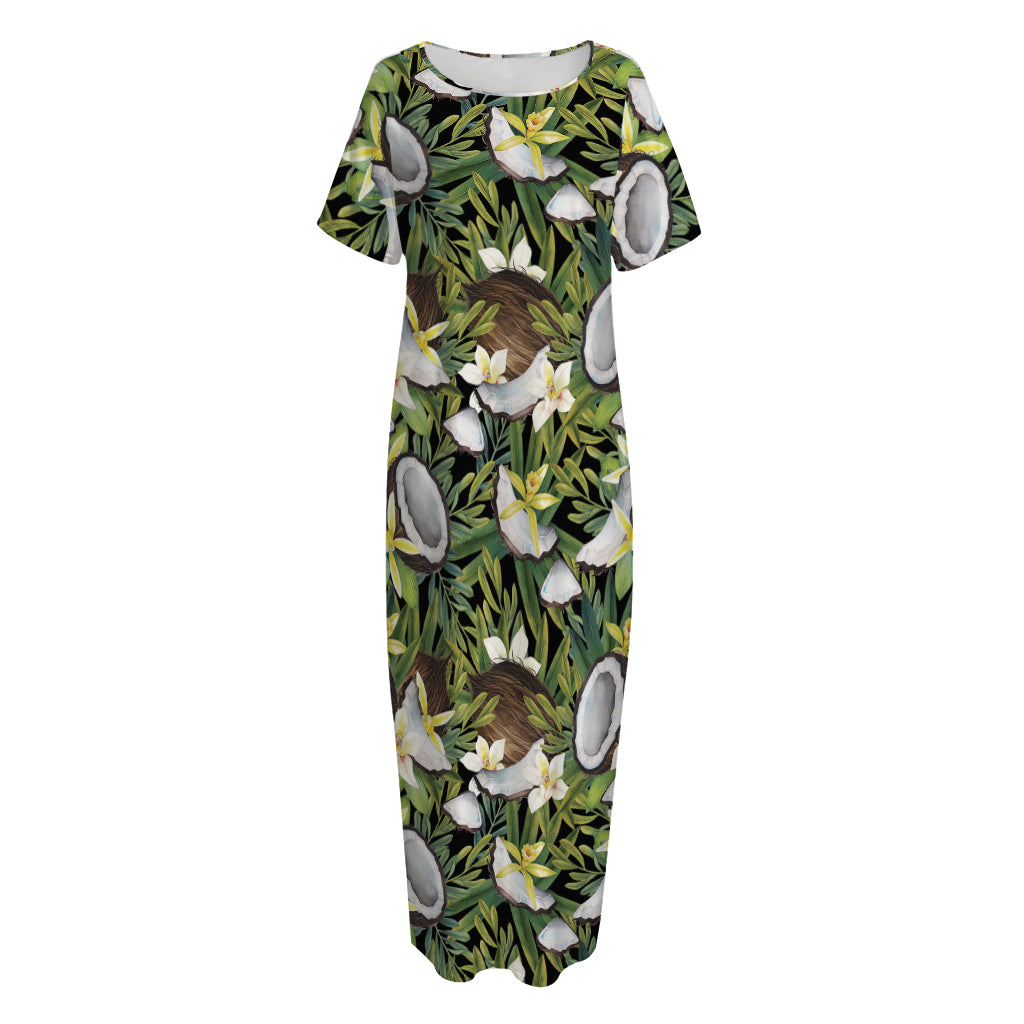 Vanilla Flower And Coconut Pattern Print Short Sleeve Long Nightdress