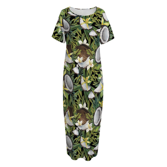 Vanilla Flower And Coconut Pattern Print Short Sleeve Long Nightdress