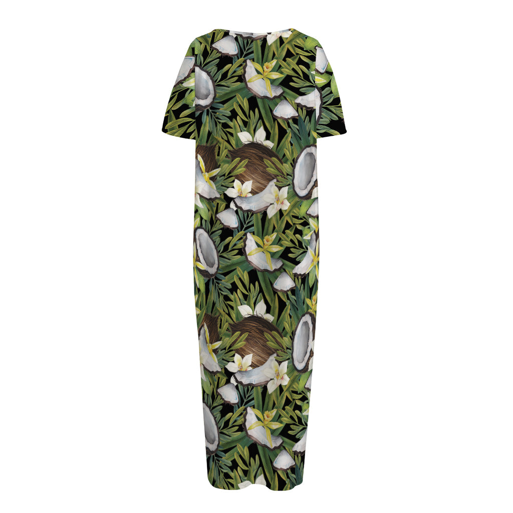 Vanilla Flower And Coconut Pattern Print Short Sleeve Long Nightdress