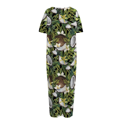 Vanilla Flower And Coconut Pattern Print Short Sleeve Long Nightdress