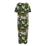 Vanilla Flower And Coconut Pattern Print Short Sleeve Long Nightdress