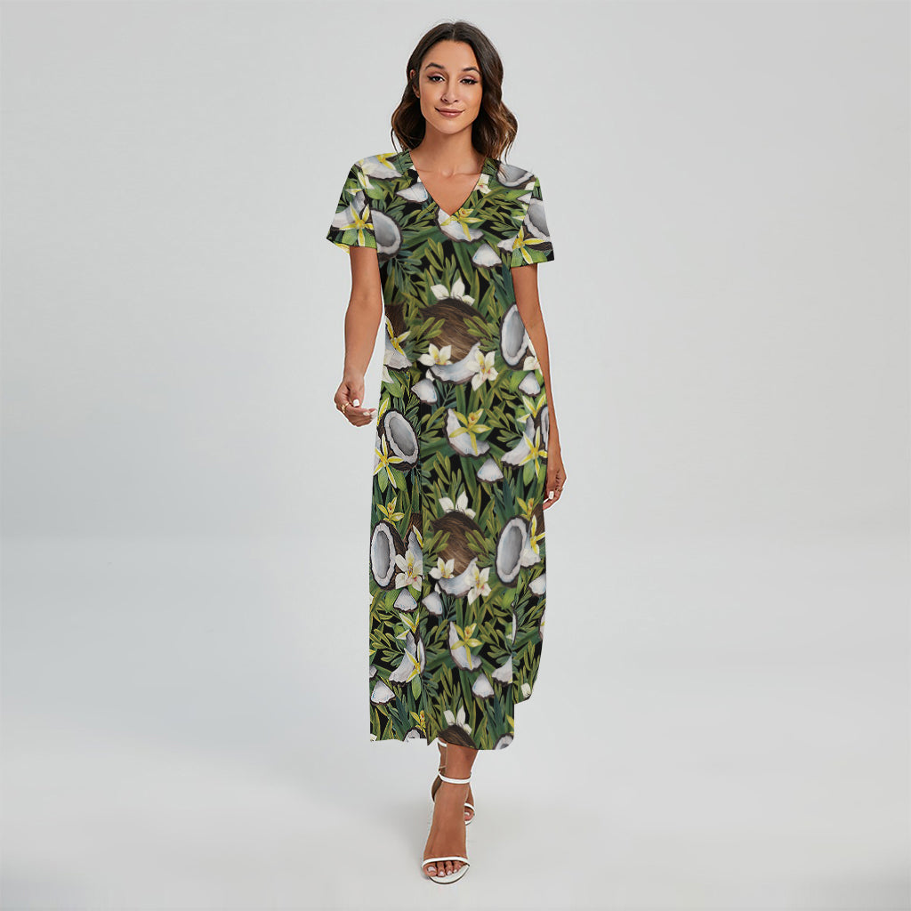 Vanilla Flower And Coconut Pattern Print Short Sleeve Maxi Dress