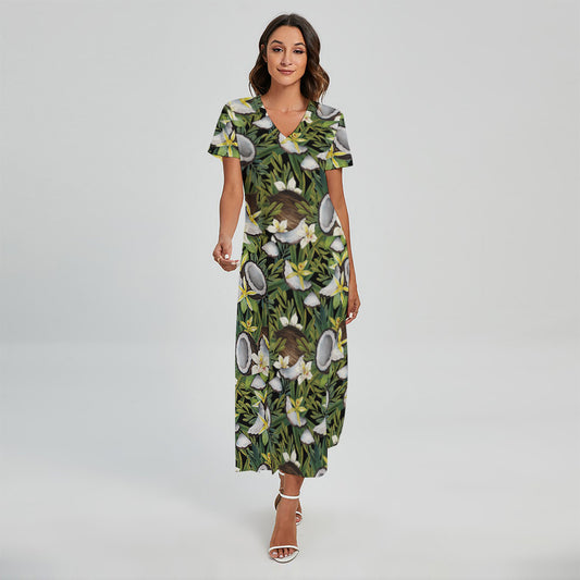 Vanilla Flower And Coconut Pattern Print Short Sleeve Maxi Dress