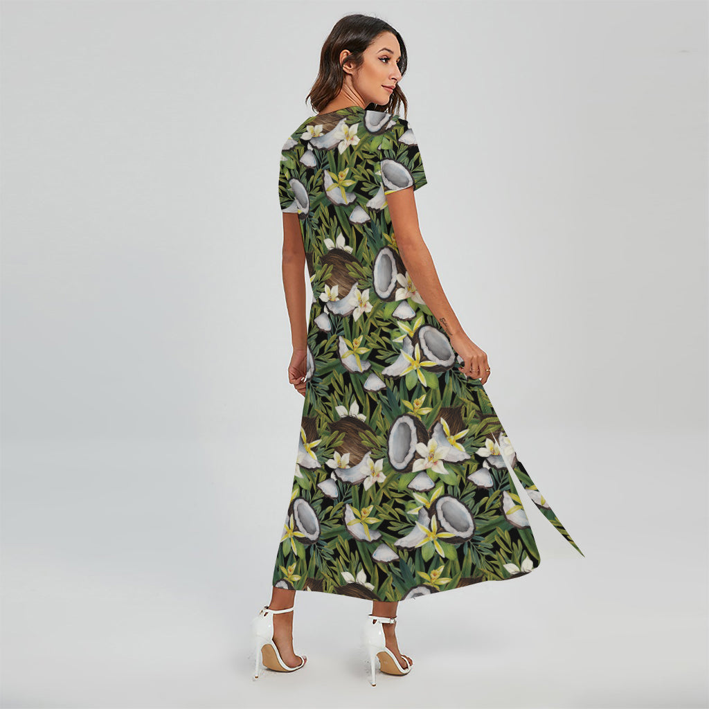 Vanilla Flower And Coconut Pattern Print Short Sleeve Maxi Dress