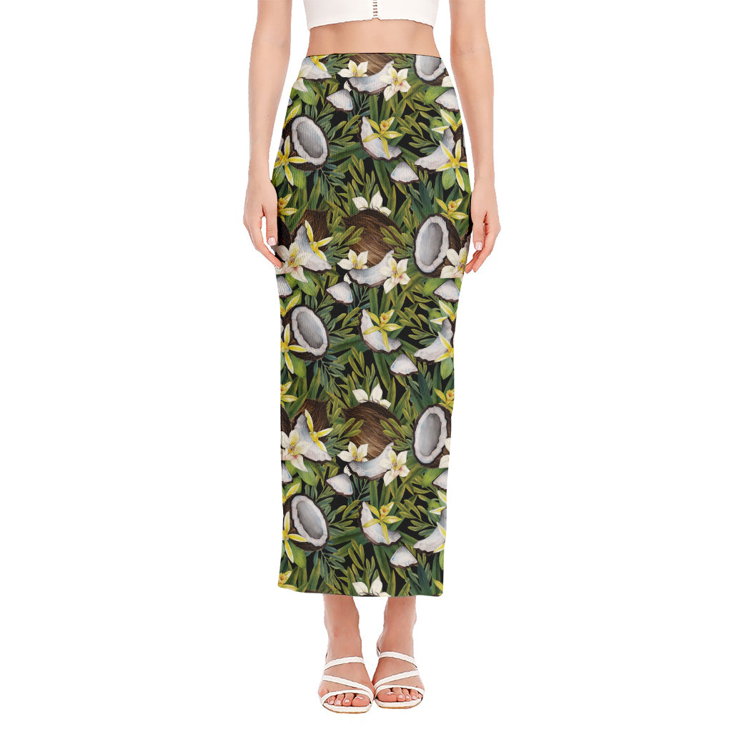 Vanilla Flower And Coconut Pattern Print Side Slit Maxi Skirt